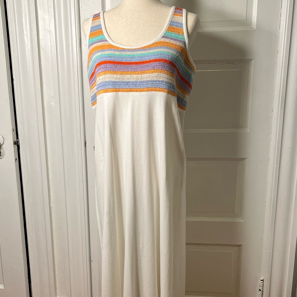 Lilla P white knit maxi sundress, sleeveless,  with colored stripes accent